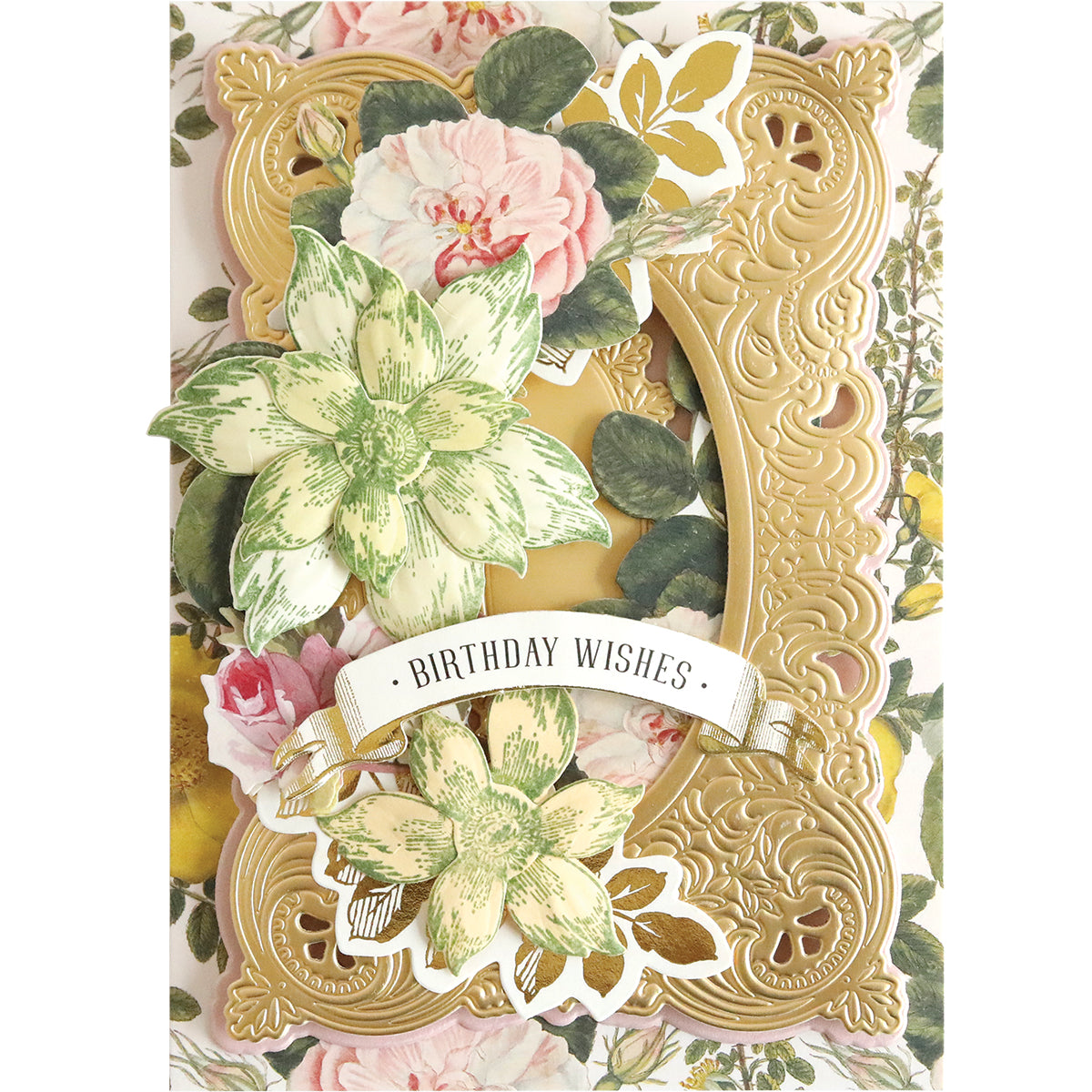 The Molded Flower Autoship card features an ornate design with embossed gold, large green paper flowers, and a "Birthday Wishes" banner, crafted using cutting dies.