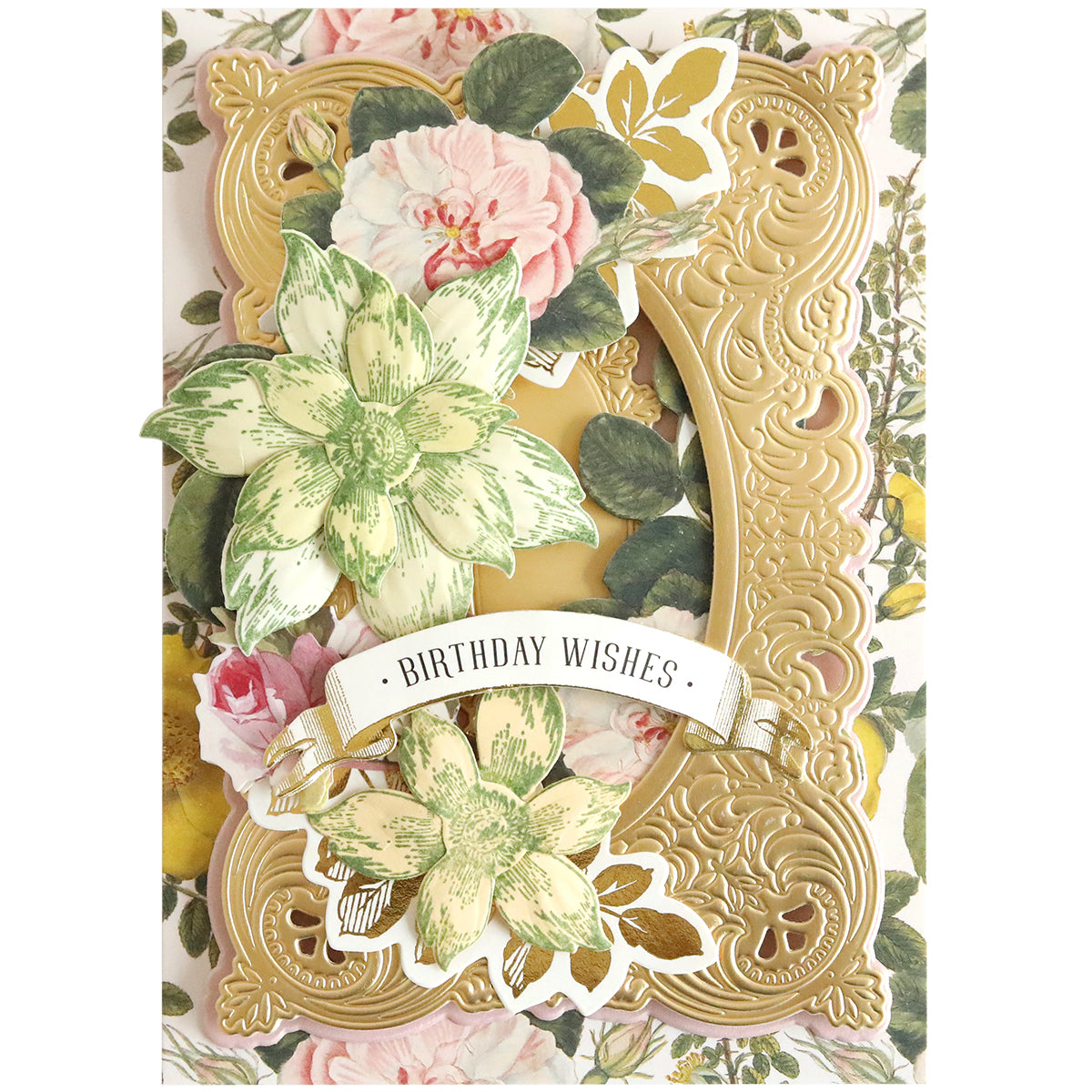 A decorative birthday card made with Blooms Flower Mold, Stamps and Dies, featuring ornate gold detailing, a "BIRTHDAY WISHES" banner, and intricate paper flowers on a floral background.