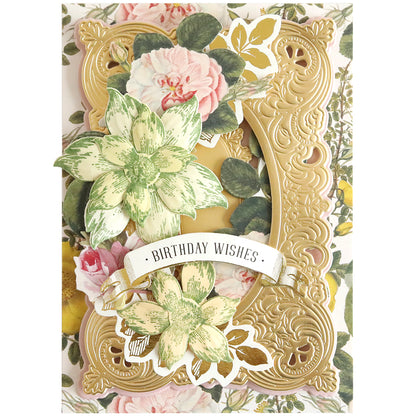 A decorative birthday card made with Blooms Flower Mold, Stamps and Dies, featuring ornate gold detailing, a "BIRTHDAY WISHES" banner, and intricate paper flowers on a floral background.