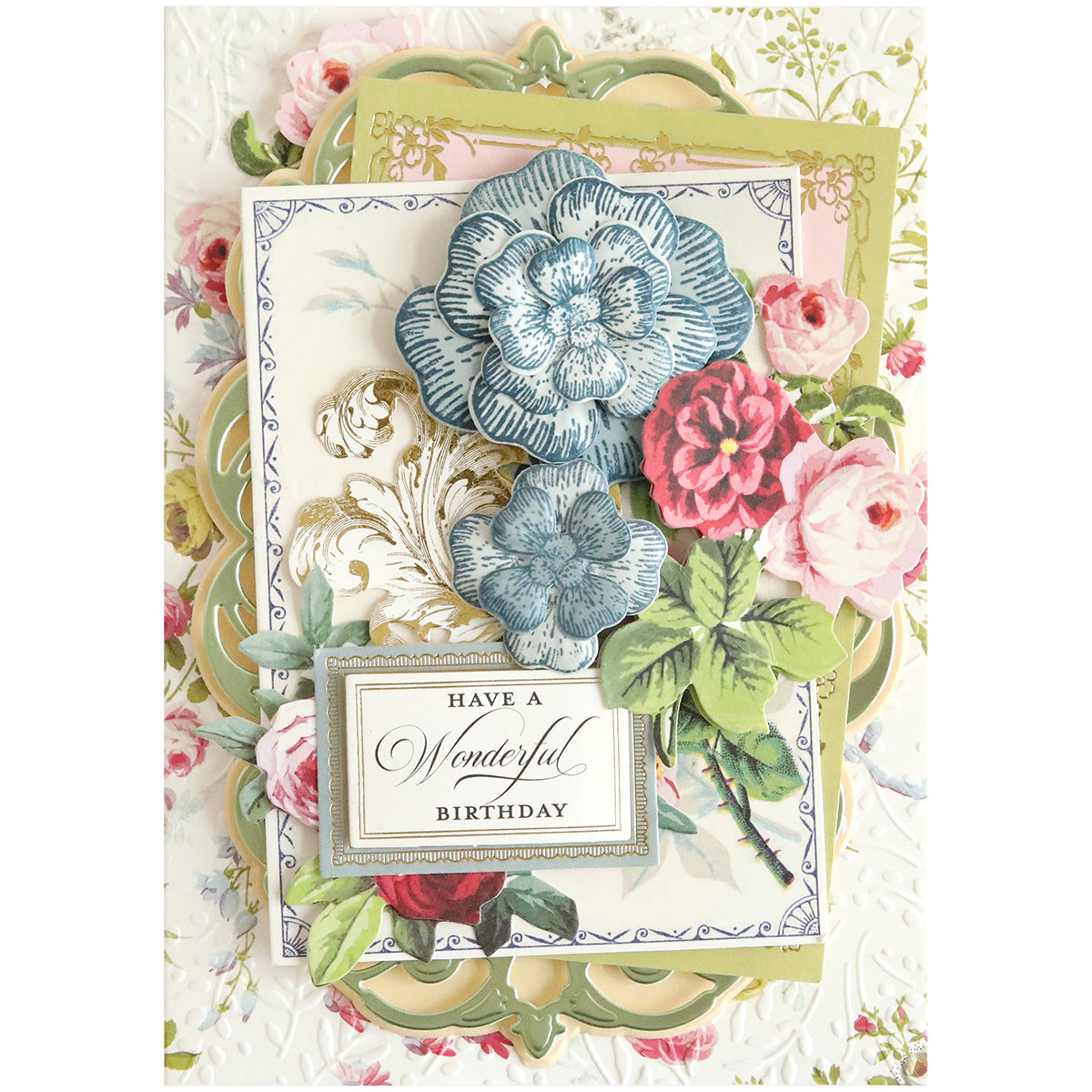 Ornate birthday card with blue and pink floral designs, featuring delicate paper flowers shaped using the Blossoms Mold, Stamps and Dies set, and the message "Have a Wonderful Birthday" on layered decorative paper.