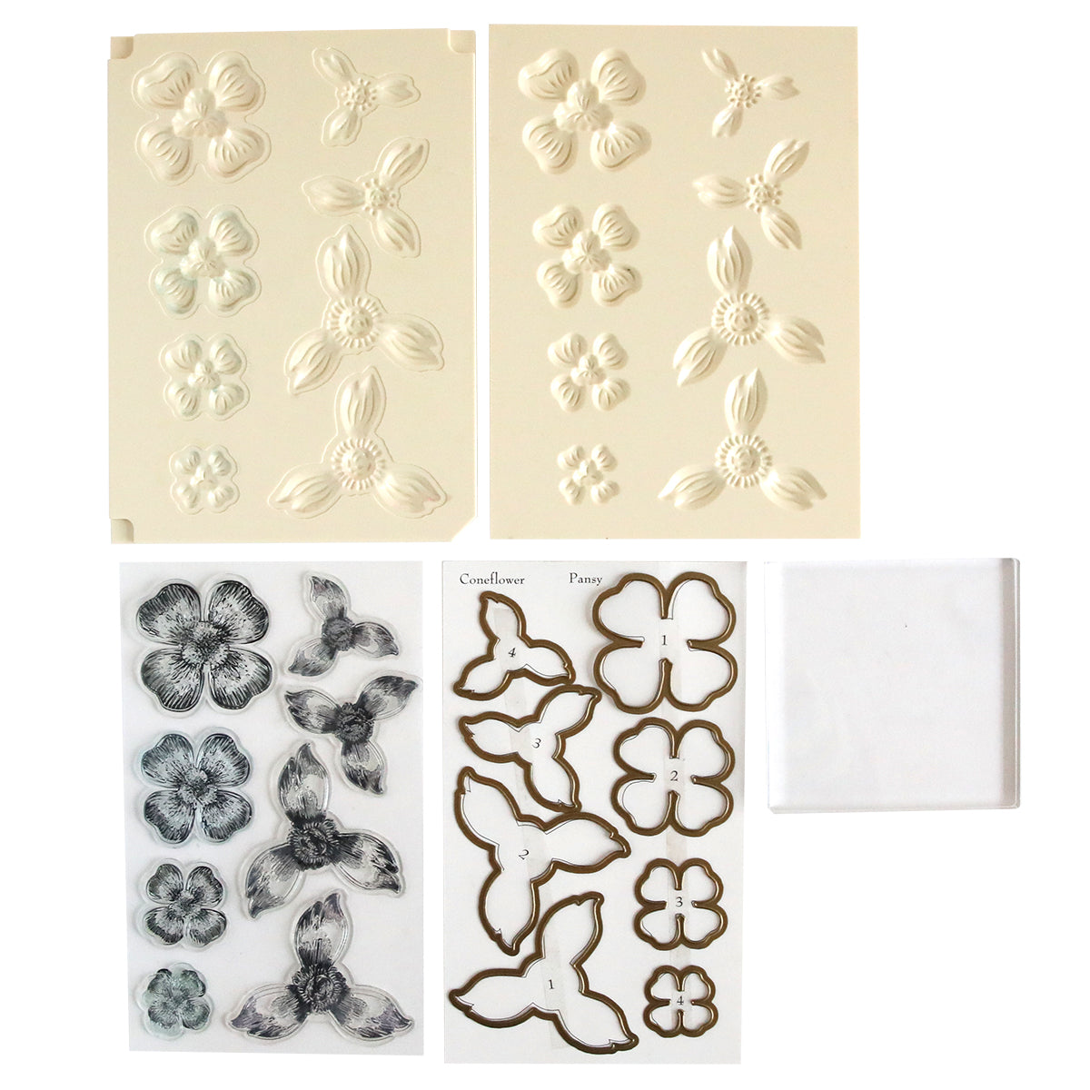 Create stunning paper flowers using the Blossoms Mold, Stamps and Dies set, which includes clear stamps, molds, and dies with designs like pansies and coneflowers.