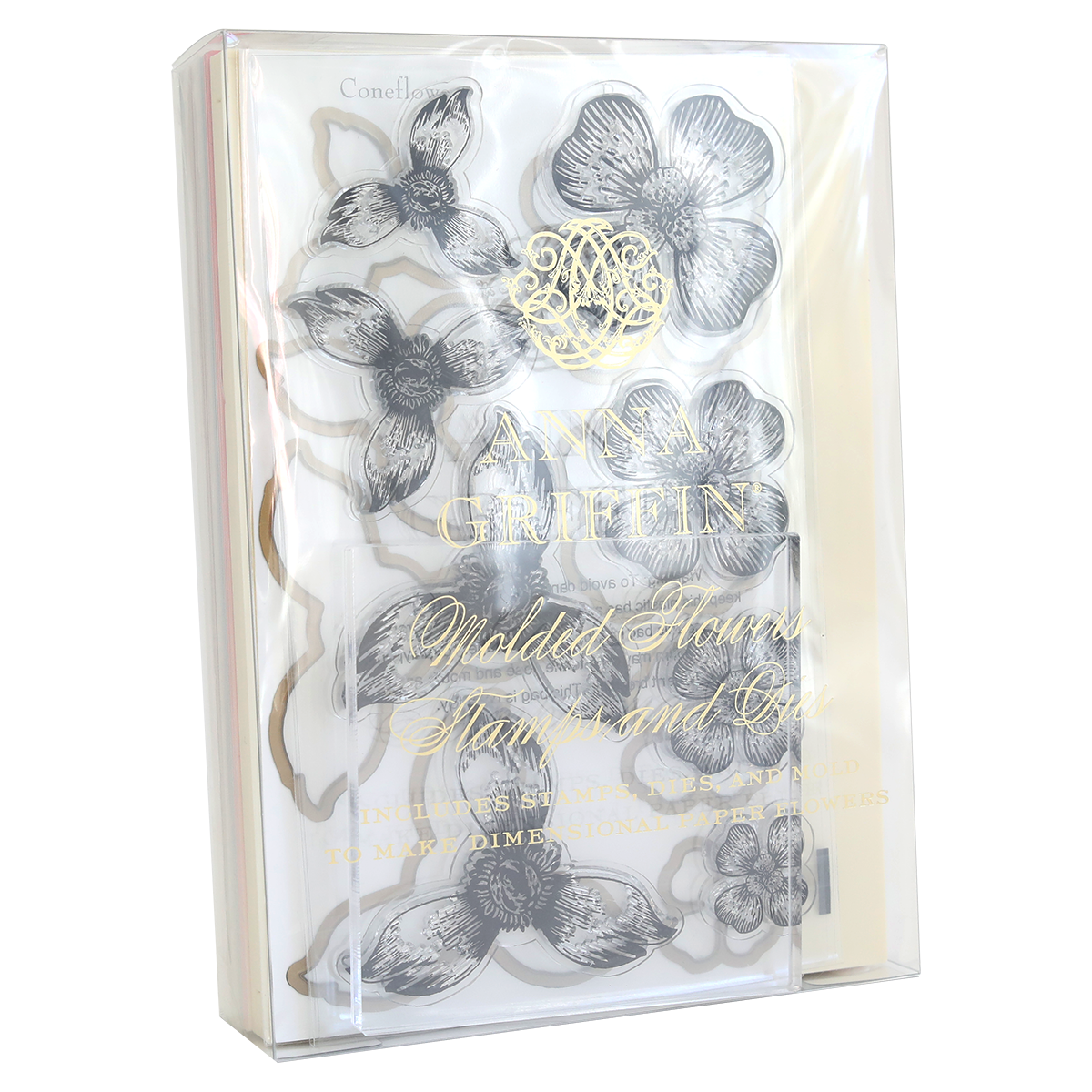 The "Blossoms Mold, Stamps and Dies" comes in a clear packet with floral stencil designs and a gold-embossed "Anna Griffin" label. It's perfect for coordinating with paper flowers to create elegant crafts.