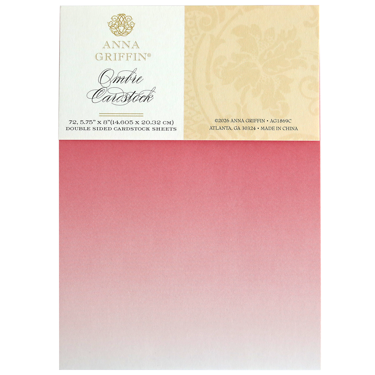 A pack of Ombre Double Sided Cardstock, 5.75" x 8", featuring a pink to white gradient. Ideal for paper crafts, each sheet is premium quality and comes in packaging with branding and product details.