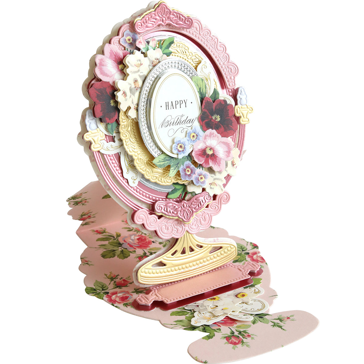 A sophisticated pop-up birthday card featuring pastel floral designs and "Happy Birthday" in a central oval, ideal for special occasions. Expertly crafted, this card beautifully complements Mirror Easel Dies for an elegant display.