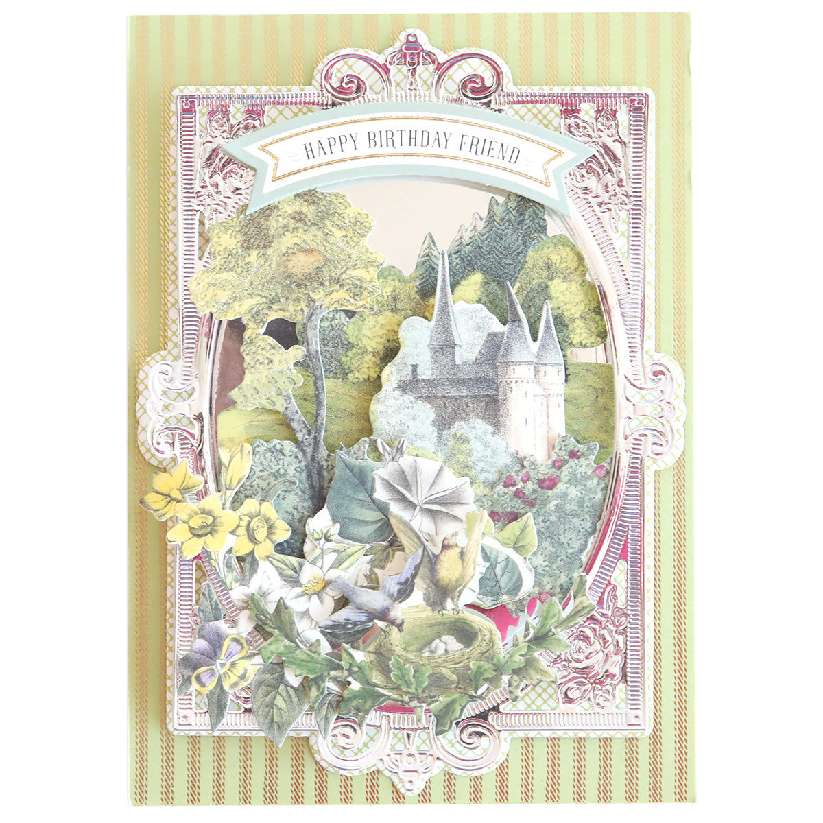 A decorative birthday card showcases flowers, trees, and a castle on shiny Luxury Mirror Foil Cardstock. Embossing adds texture, and the text reads "Happy Birthday Friend.