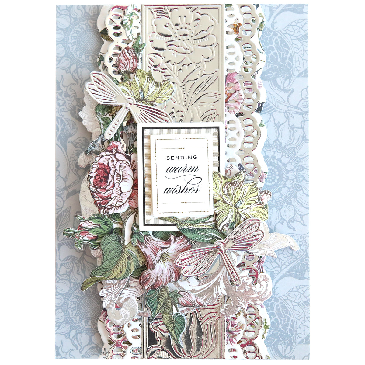 Crafted with intricate floral designs, dragonflies, and lace patterns through die-cutting on Luxury Mirror Foil Cardstock, this card conveys, "Sending warm wishes.