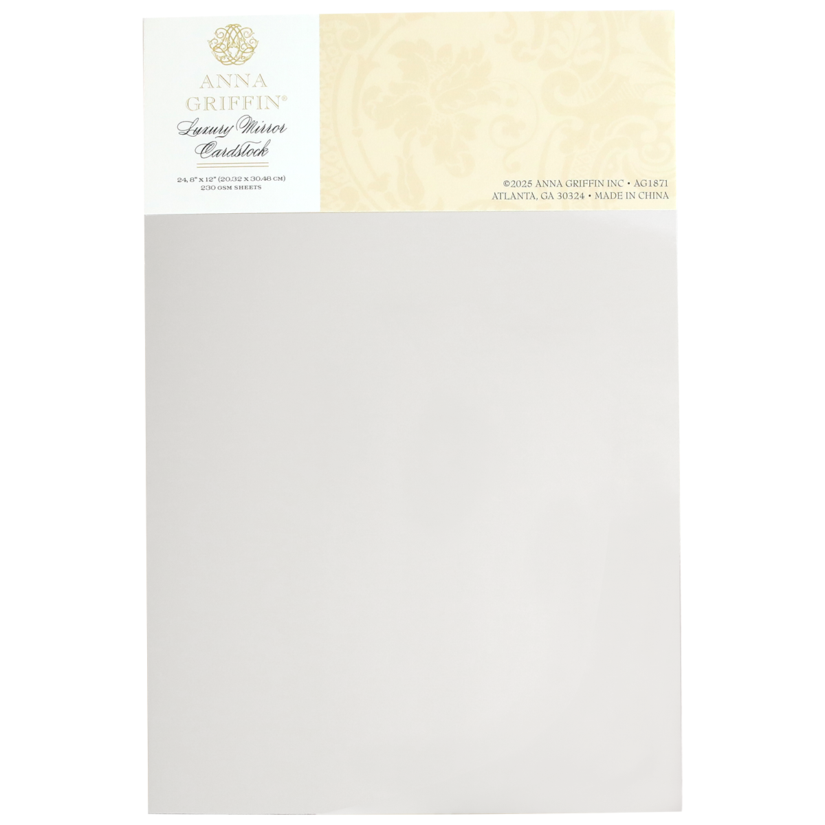 Elegant patterned Luxury Mirror Foil Cardstock with a floral design header featuring subtle embossing. Labeled "Anna Griffin," it includes contact information and states "Made in China.