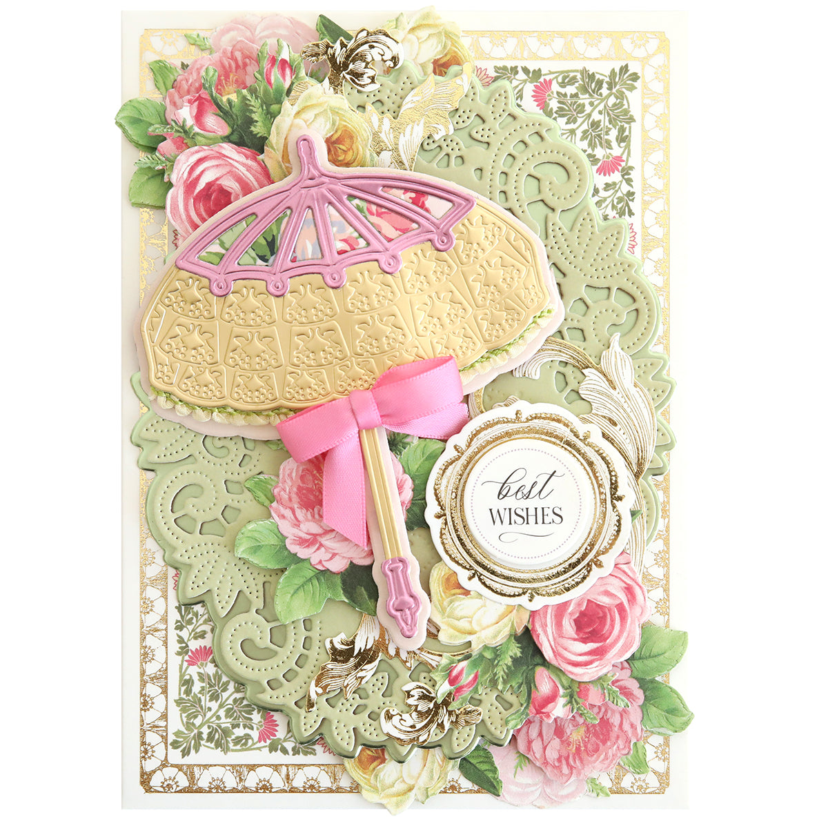 A decorative card showcasing ornate floral patterns with a pink and gold parasol, crafted using Victorian Umbrella Dies, features a heartfelt "best wishes" sentiment.