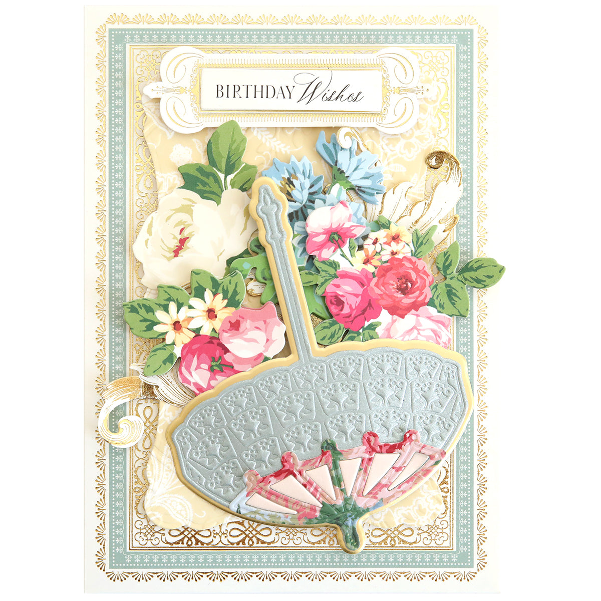 This decorative birthday card, inspired by Victorian Umbrella Dies, showcases a floral bouquet and ornate parasol with roses and daisies. "Birthday Wishes" is elegantly inscribed at the top, perfect for card creation enthusiasts.