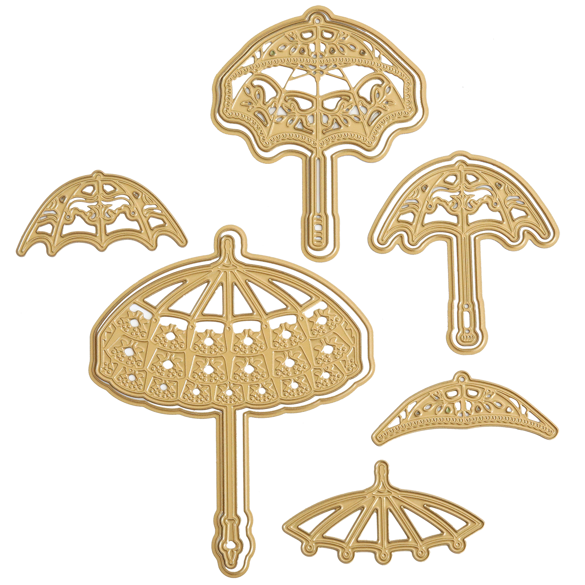 Victorian Umbrella Dies create gold umbrella-shaped cutouts in 9 sizes, featuring intricate patterns perfect for adding elegance to card creations and projects.