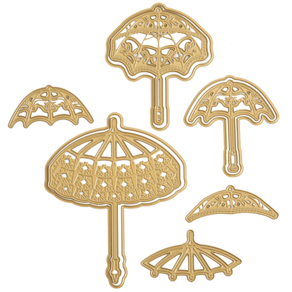 Victorian Umbrella Dies create gold umbrella-shaped cutouts in 9 sizes, featuring intricate patterns perfect for adding elegance to card creations and projects.