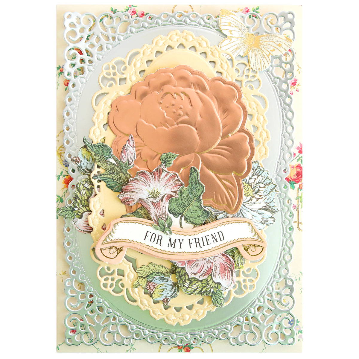 The "3D Roses Cut and Emboss Folder Set" features an intricate floral card with dimensional blooms, adorned with a large gold flower, lace design, and "For My Friend" banner. Butterfly and floral accents enhance the motif, complemented by delicate rose buds.