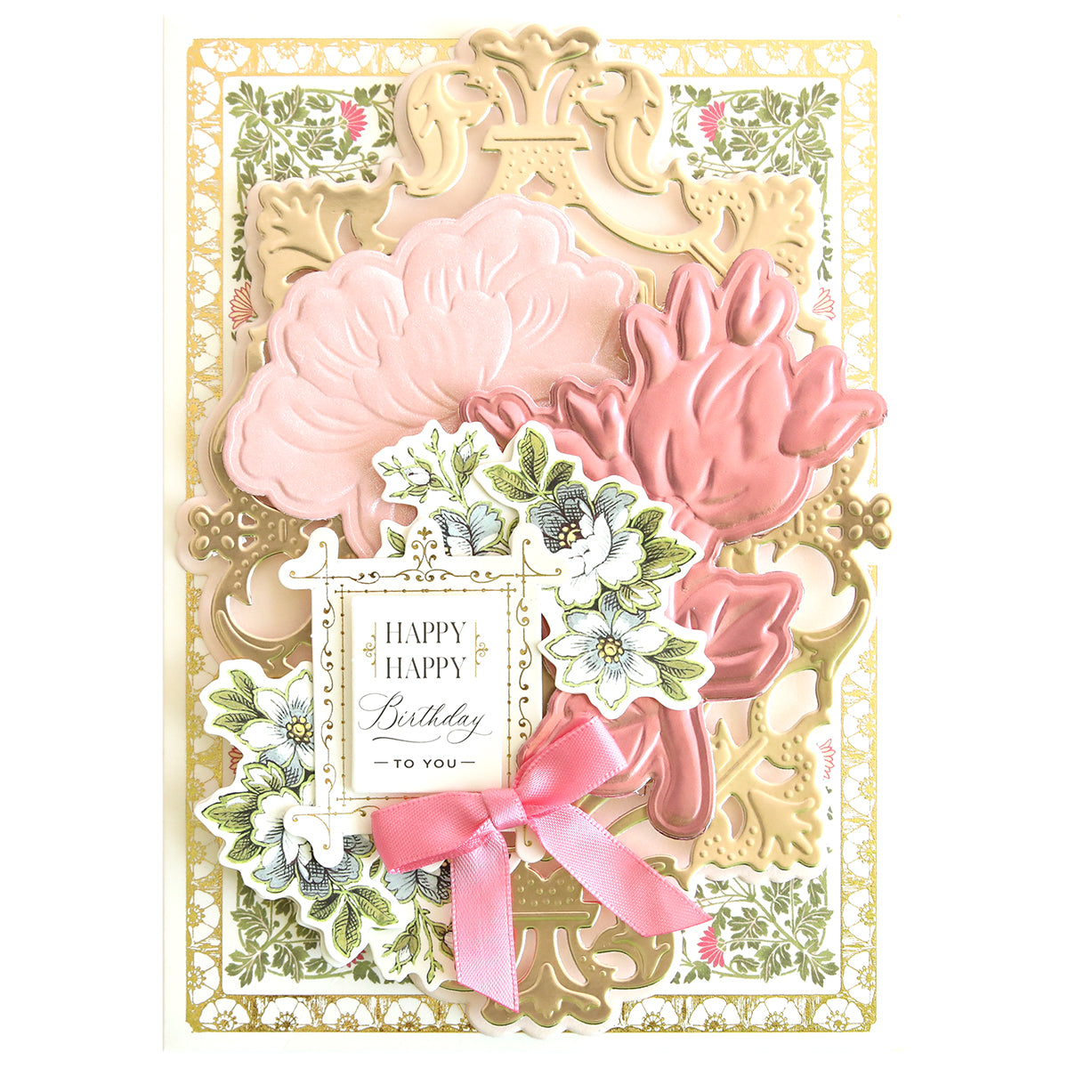 An ornate birthday card featuring dimensional blooms and floral decorations, complete with pink and gold 3D embellishments, created using the 3D Roses Cut and Emboss Folder Set, with a "Happy Birthday to You" message.

.