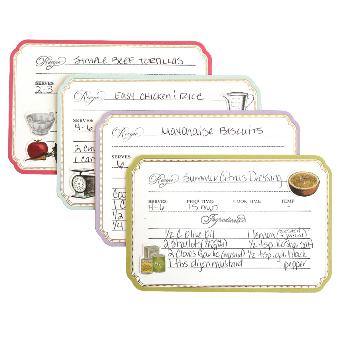 The Recipe Card Stamps, Dies and Embellishments set allows you to create four handwritten recipe cards for tortillas, chicken rice, biscuits, and citrus dressing. These cards include serving sizes and preparation times, crafted precisely for easy reading and following.