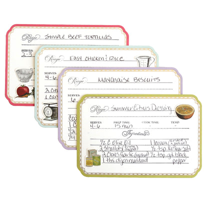 The Recipe Card Stamps, Dies and Embellishments set allows you to create four handwritten recipe cards for tortillas, chicken rice, biscuits, and citrus dressing. These cards include serving sizes and preparation times, crafted precisely for easy reading and following.