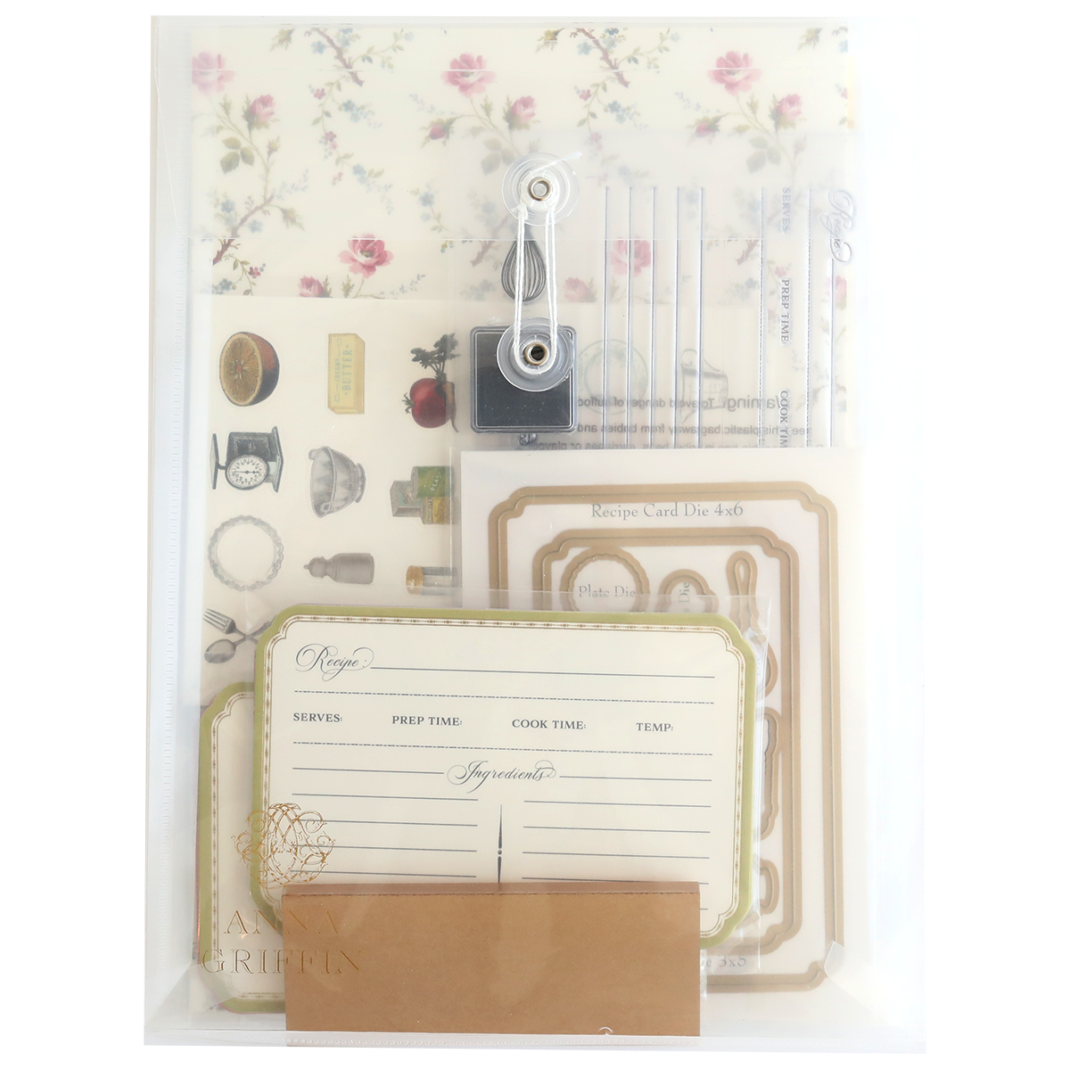 The Recipe Card Stamps, Dies and Embellishments stationery set includes floral paper, stickers, clear organizational pockets, and recipe cards with spaces for serves, prep time, cook time, and temperature. Enhance your crafting with cutting dies to create beautiful designs.