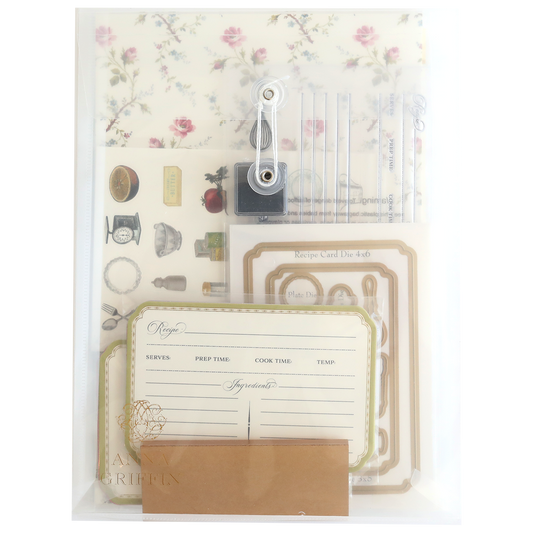 The Recipe Card Stamps, Dies and Embellishments stationery set includes floral paper, stickers, clear organizational pockets, and recipe cards with spaces for serves, prep time, cook time, and temperature. Enhance your crafting with cutting dies to create beautiful designs.