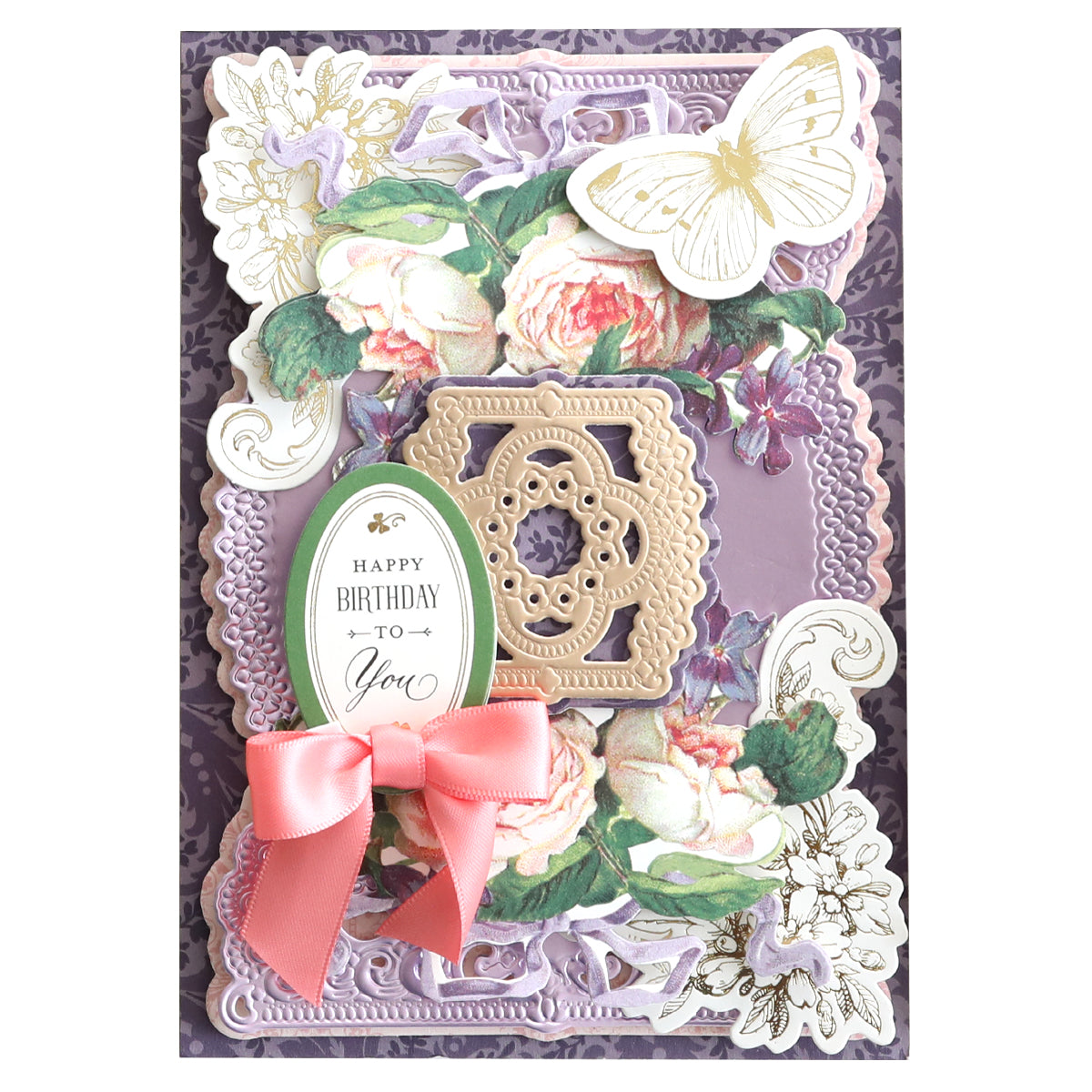 Ornate floral birthday card with "Happy Birthday to You" text, adorned with a butterfly and pink bow on purple, enhanced by Lucky Ephemera Stickers for vintage charm.