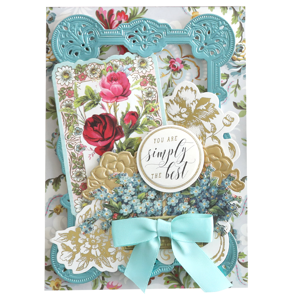 Vintage blue-framed ornate floral greeting card with roses, gold accents, and a blue bow featuring Lucky Ephemera Stickers. The text reads, "You are simply the best.