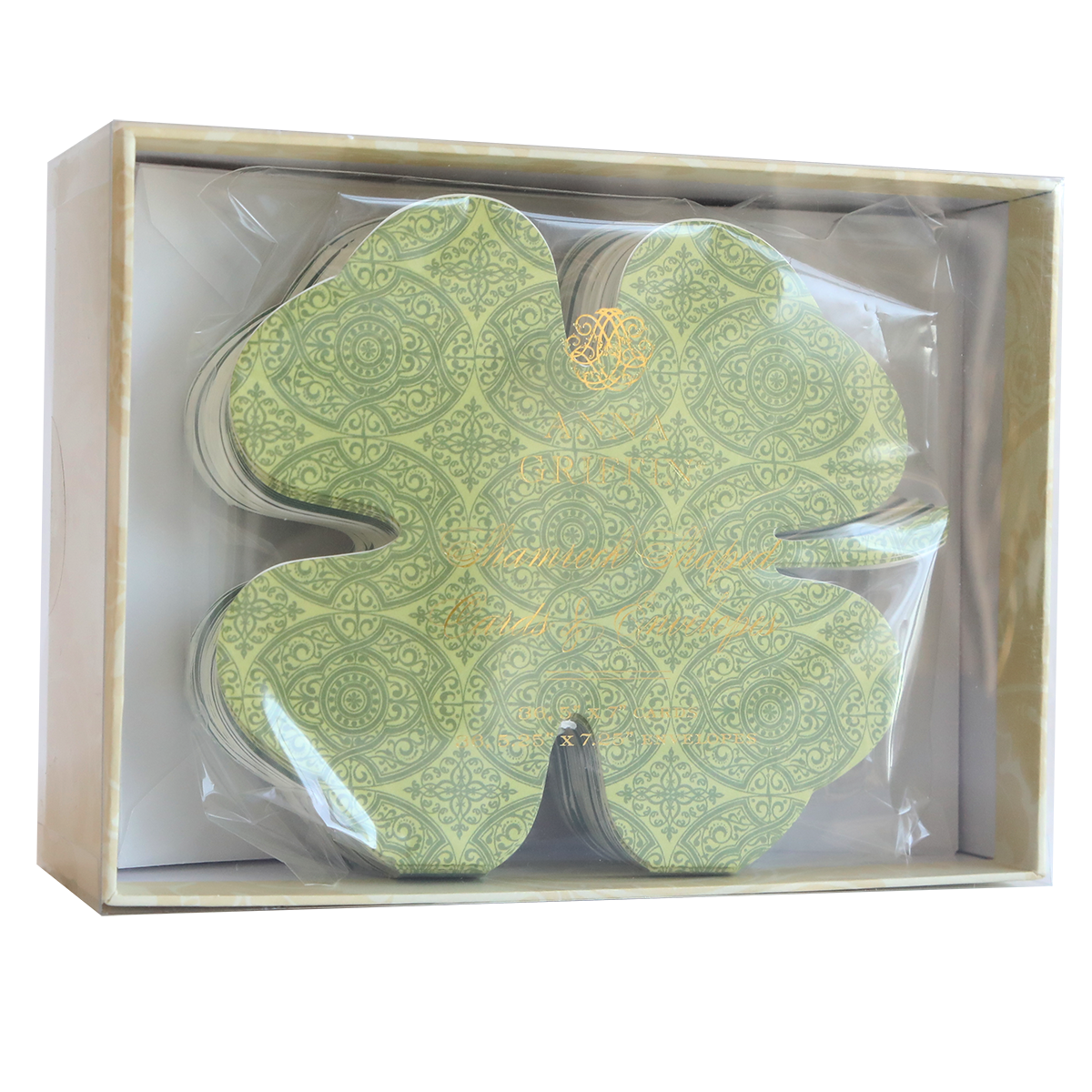 Shamrock-shaped cards and envelopes come beautifully packaged in a transparent box with a beige border, adding St. Patrick's Day charm and good luck to any table setting.