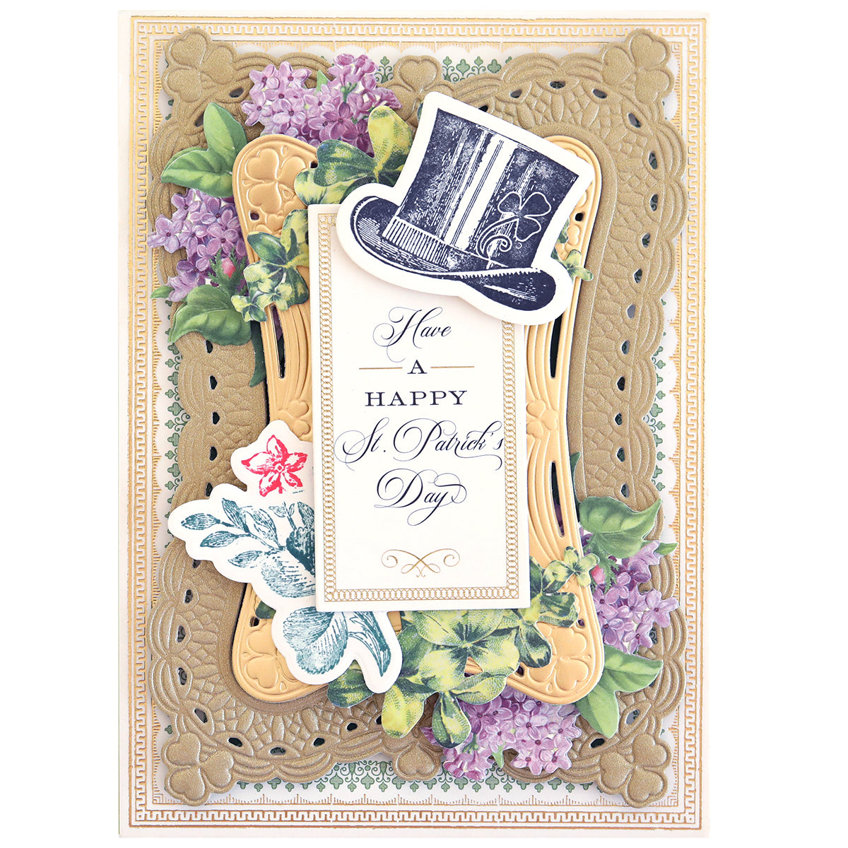 A decorative St. Patrick's Day card featuring a vintage top hat, flowers, and ornate patterns with "Have a Happy St. Patrick's Day" text, styled like charming scrapbook pages using Lucky Stamps Dies.