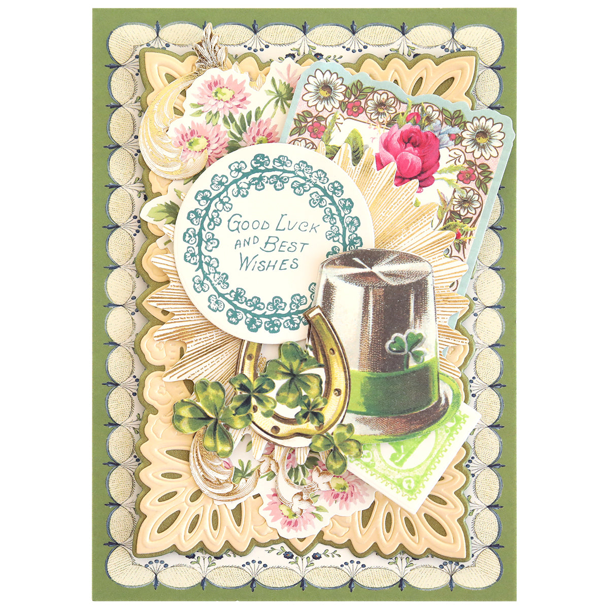 The Lucky Stamps Dies create a vintage-style card inspired by scrapbook pages, adorned with flowers, clovers, a horseshoe, and a top hat. The message "Good Luck and Best Wishes" enhances the decorative background with charm and elegance.