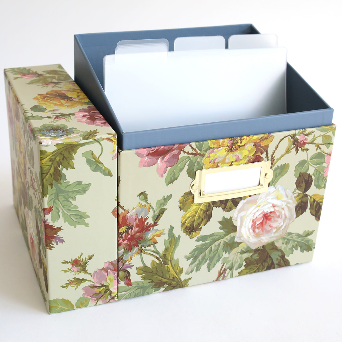 The Francesca Craft Storage is a decorative box with an open lid and floral pattern, ideal for storing blank tabbed index cards.