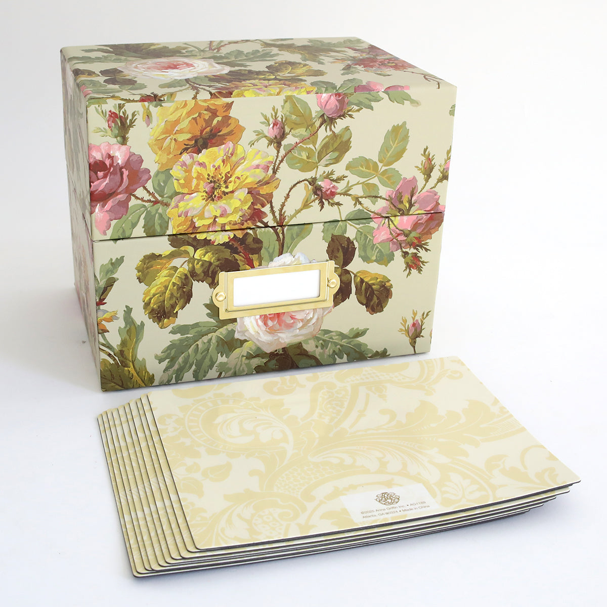 The Francesca Craft Storage features a decorative floral-patterned design, perfect for holding crafts, and comes with a blank label and a stack of beige patterned recipe cards.