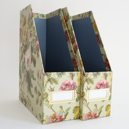 Two Francesca Craft Storage floral-patterned magazine holders with label slots are placed side by side against a plain background, perfect for organizing crafts.