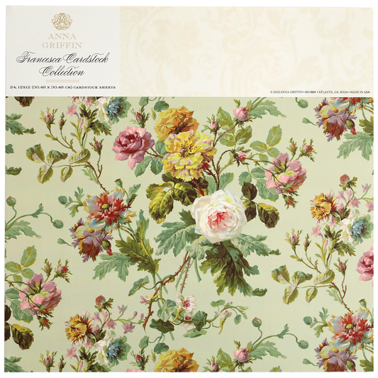 The "Francesca 12x12 Cardstock" boasts a floral patterned sheet decorated with vibrant roses and lush green leaves, making it perfect for your Create 10 crafts.