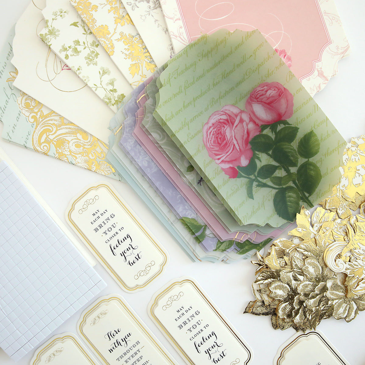 The Simply Get Well Card Making Kit offers vintage-style stationery, with thoughtful cards adorned in floral and gold designs, decorative paper, and 3D embellishments.