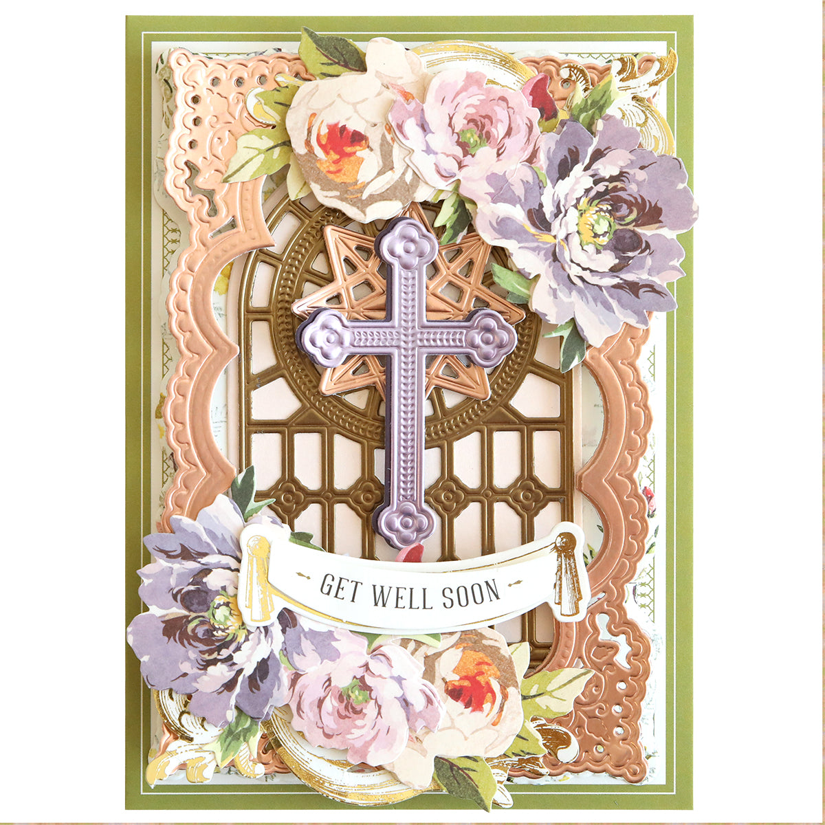 Praying Hands Dies" card with a decorative cross inspired by stained glass, featuring intricate floral designs and layered patterns in purple, pink, and gold tones.