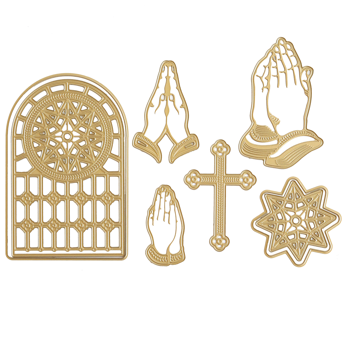 Gold religious symbols, such as the Praying Hands Die, a cross, a stained glass window pattern, and a star shape, are elegantly displayed on a white background.