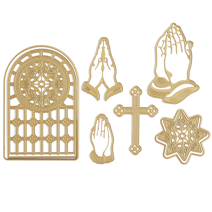 Gold religious symbols, such as the Praying Hands Die, a cross, a stained glass window pattern, and a star shape, are elegantly displayed on a white background.