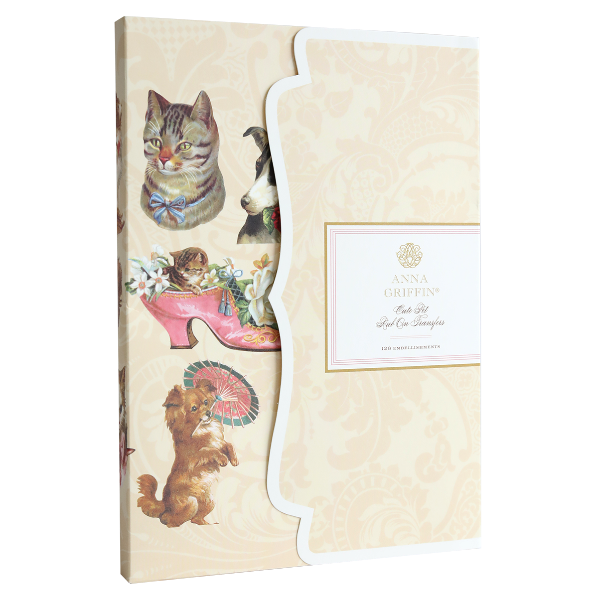Antique-inspired decor featuring charming cat, dog, and shoe illustrations with floral designs. Perfect for pet lovers, labeled "Anna Griffin" on a cream-patterned background. Product Name: Cute Pet Rub On Transfers.
