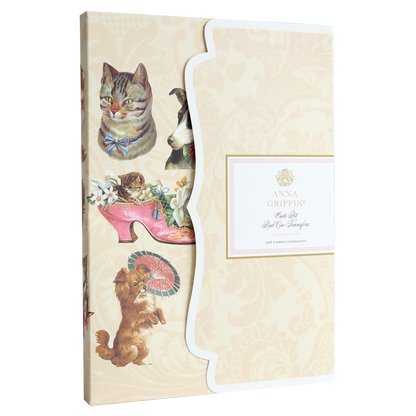 Antique-inspired decor featuring charming cat, dog, and shoe illustrations with floral designs. Perfect for pet lovers, labeled "Anna Griffin" on a cream-patterned background. Product Name: Cute Pet Rub On Transfers.