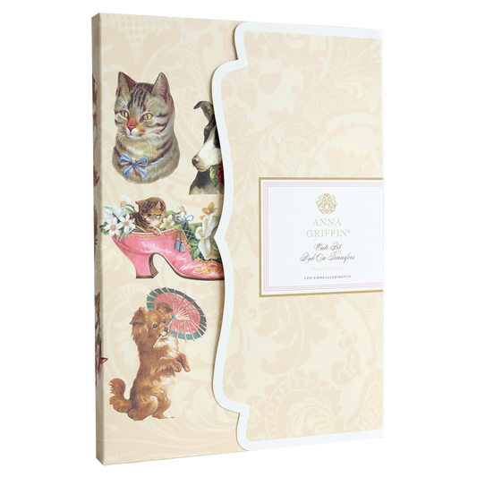 Antique-inspired decor featuring charming cat, dog, and shoe illustrations with floral designs. Perfect for pet lovers, labeled "Anna Griffin" on a cream-patterned background. Product Name: Cute Pet Rub On Transfers.