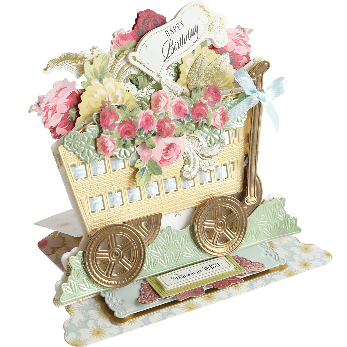 The 3D Wagon Easel Die Set birthday card features a vintage garden wagon design with vibrant flowers and a cheerful "Happy Birthday" sign.