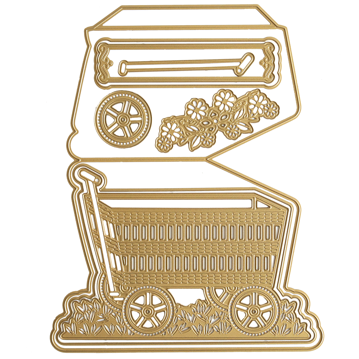 The 3D Wagon Easel Die Set features an intricate gold die-cut design of a shopping cart adorned with floral patterns and a small wheel, evocative of a garden wagon.