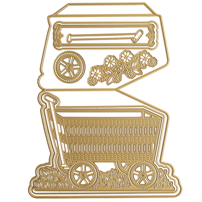 The 3D Wagon Easel Die Set features an intricate gold die-cut design of a shopping cart adorned with floral patterns and a small wheel, evocative of a garden wagon.