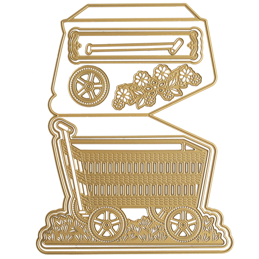 The 3D Wagon Easel Die Set features an intricate gold die-cut design of a shopping cart adorned with floral patterns and a small wheel, evocative of a garden wagon.