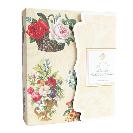 Flower Pot Stickers with floral motifs feature an open box displaying decorative paper and handcrafted cards embellished with elegant bouquets and ornate flower designs.