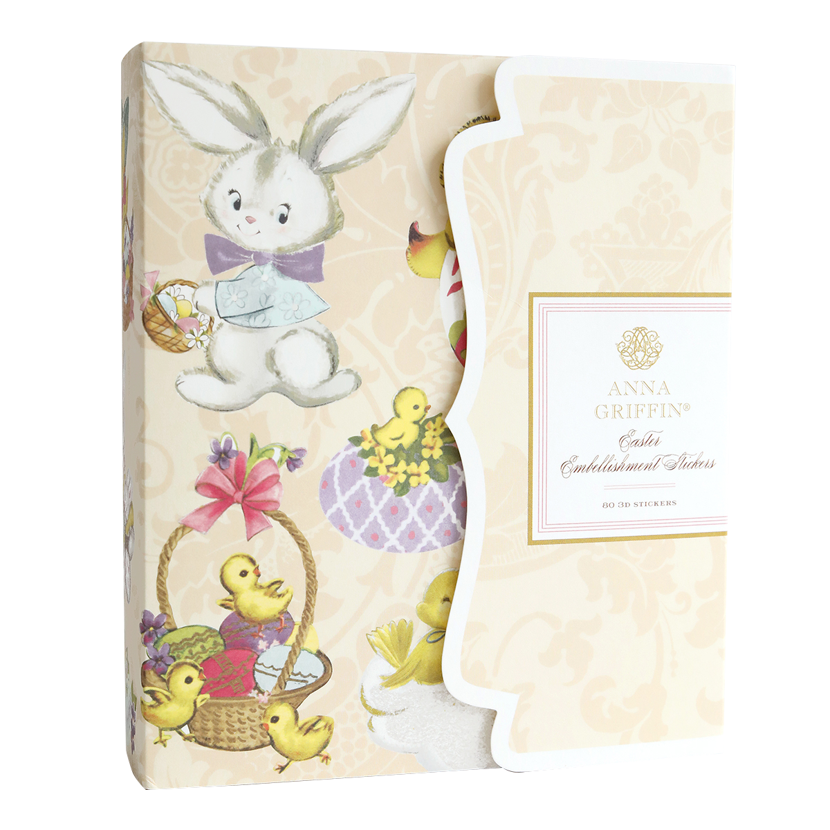 The "Bunnies and Chicks Embellishment Stickers" box showcases delightful bunny and chick illustrations in baskets, capturing the essence of springtime crafts. The Anna Griffin label adorns this collection brimming with charming Easter-themed stickers.