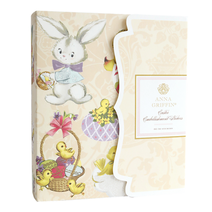 The "Bunnies and Chicks Embellishment Stickers" box showcases delightful bunny and chick illustrations in baskets, capturing the essence of springtime crafts. The Anna Griffin label adorns this collection brimming with charming Easter-themed stickers.