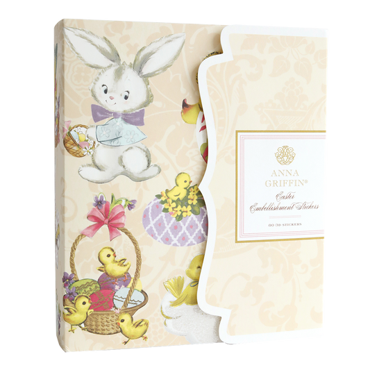 The "Bunnies and Chicks Embellishment Stickers" box showcases delightful bunny and chick illustrations in baskets, capturing the essence of springtime crafts. The Anna Griffin label adorns this collection brimming with charming Easter-themed stickers.