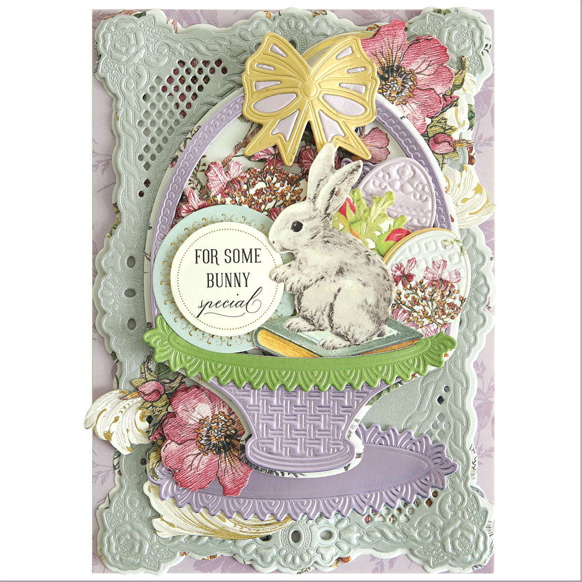 The Easter Scene Dies feature a charming bunny nestled in an intricately crafted basket adorned with flowers and a gold bow, alongside the heartfelt message "For Some Bunny Special." Perfect for inspiring your festive creativity.