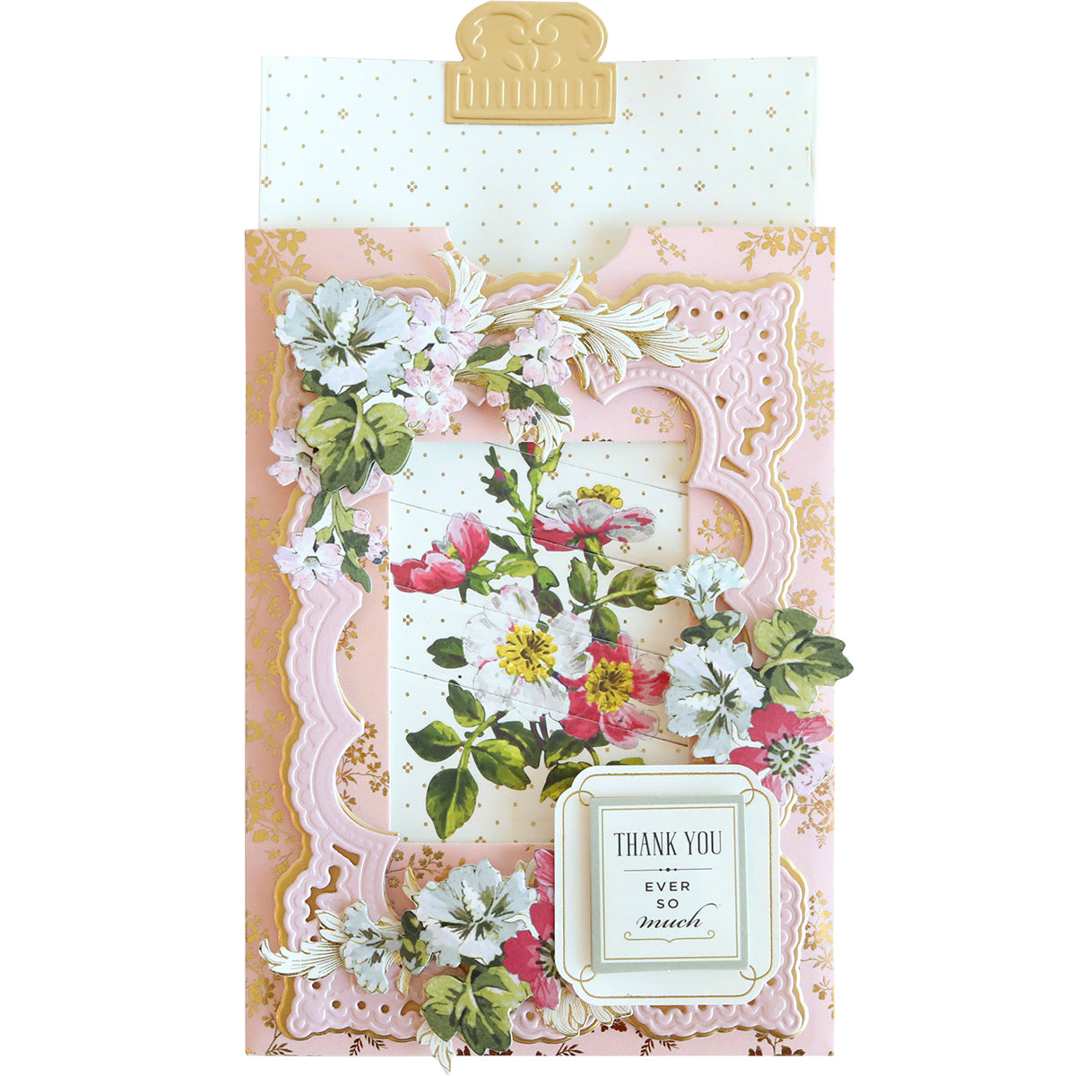 The "Clever Sliding Card Die Set" showcases layered pink frames with vibrant white, red, and yellow floral designs. Featuring the text "Thank you ever so much" and adorned with gold accents and a top tab, this handmade piece is sure to delight any recipient.