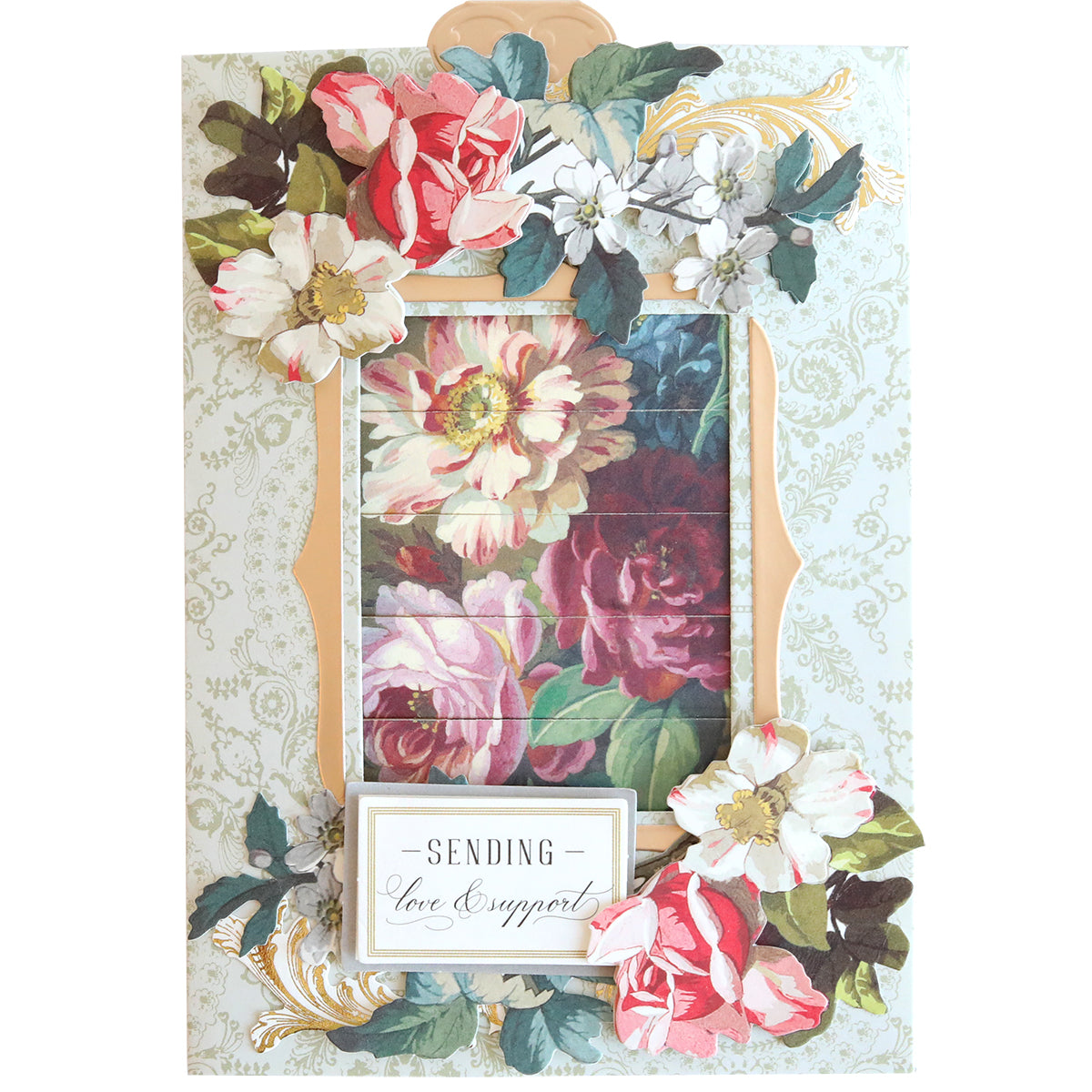 A decorative handmade card with roses and daisies, featuring a "Sending love & support" message. Created using the Clever Sliding Card Die Set for an enchanting surprise.