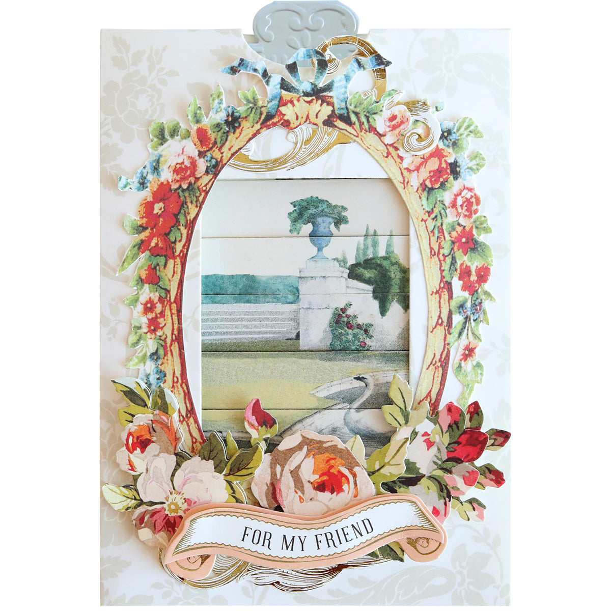 Handmade card featuring ornate florals and an oval garden scene with roses, and a "For My Friend" banner. Crafted using the Clever Sliding Card Die Set for an enchanting touch.