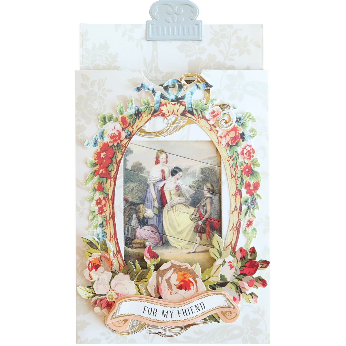 Crafted with the Clever Sliding Card Die Set, this vintage-style card features an ornate floral border around an illustration of three women and a child. "For My Friend" graces the bottom. Perfect for handmade card enthusiasts, it adds a touch of magic in every detail.